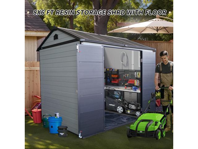 Upgraded 8x6ft Outdoor Resin Garden Shed with Floor and 2 Windows, Plastic Patio Outdoor Storage Shed with Lockable Door for Garden Tools,...