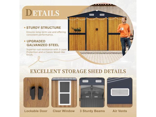 10X12 FT Outdoor Steel Storage Shed with Lockable Doors, 2 Windows, Garden Shed Ideal for Backyard, Patio Storage,Chicken Coop(Wood Panels & Frame...