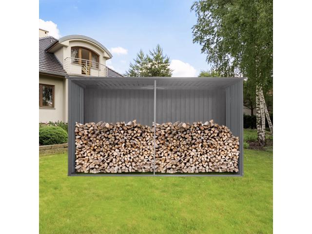 New Outdoor Storage Shed Has Two Functions: Metal Shed And Firewood Shed 13 ft×11 ft, More Suitable For Winter, Grey