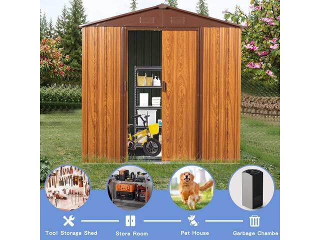 6 Ft. W X 6 Ft. D Metal Storage Shed Appealing horizontal siding in woodgrain with coffee trim to complement