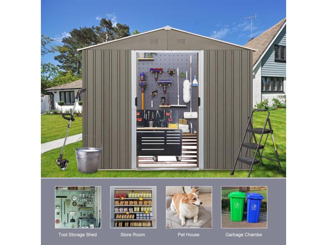 8x10ft Outdoor Metal Storage Shed with metal foundation Gray
