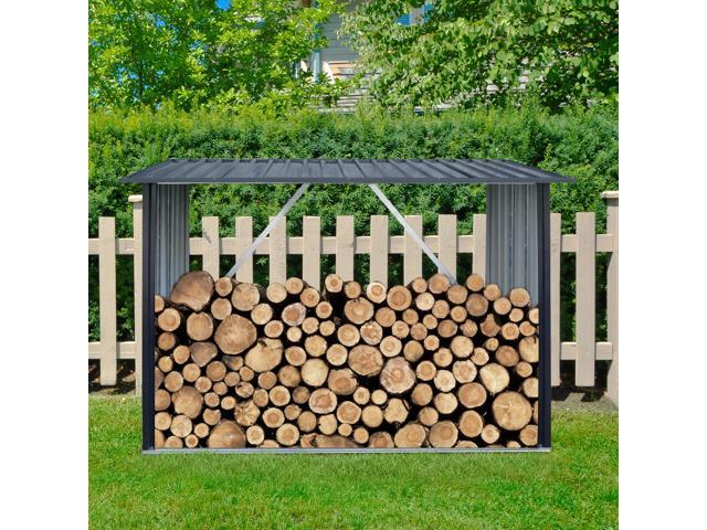Outdoor Steel Firewood Rack,Open Wood Shed with Sloped Roof for Firewood,Pellet,or Lumber Storage,Black