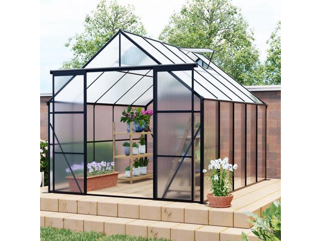 8x10FT Double Door Polycarbonate Greenhouse Raised Base and Anchor Aluminum Heavy Duty Walk-in Greenhouses for Outdoor Backyard in All Season,Black