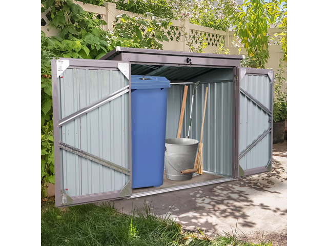 Garbage Bin Shed Stores 2 Trash Cans Metal Outdoor Bin Shed for Garbage Storage,Stainless Galvanized Steel, Bin Shed for Garden Yard Lawn Gray