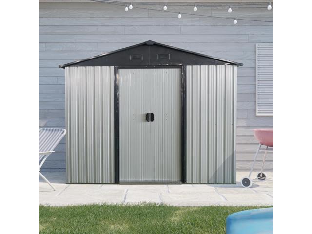 8ft x 4ft Outdoor Metal Storage Shed with Sliding Door and foundation for Backyard, Patio, Lawn - White and Black