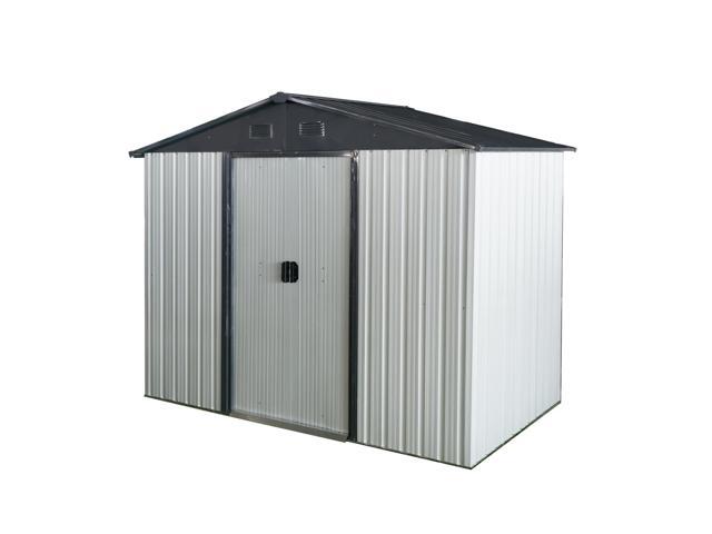 8ft x 4ft Outdoor Metal Storage Shed with Sliding Door and foundation for Backyard, Patio, Lawn - White and Black