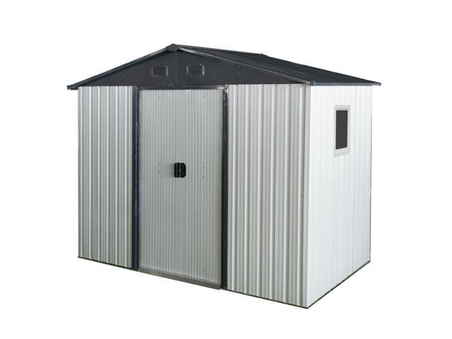 8ft x 4ft Outdoor Metal Storage Shed with Window and Metal Foundation for Backyard, Patio, Lawn -White and Black