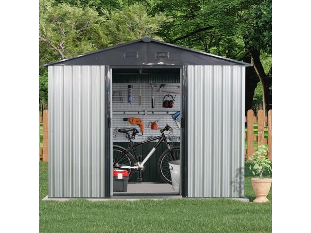 8ft x 4ft Outdoor Metal Storage Shed with Window and Metal Foundation for Backyard, Patio, Lawn -White and Black