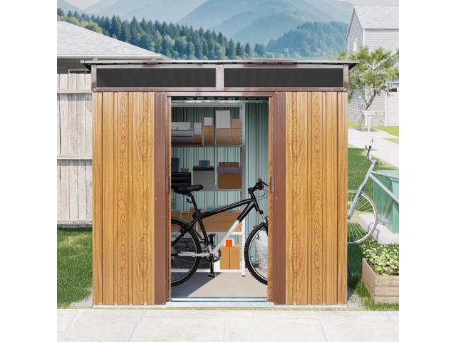 6ft x 5ft Outdoor Metal Storage with Transparent plate and Foundation for Backyard Garden Patio -Coffee