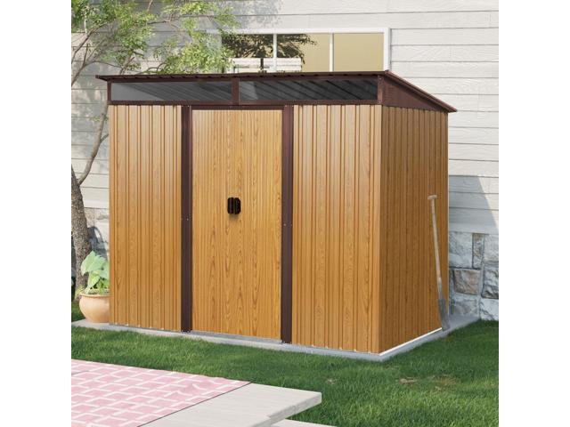 8ft x 6ft Outdoor Metal Storage with Lockable Sliding Doors and Transparent plate for Garden, Lawn (Coffee)