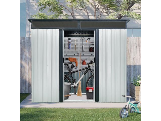 8 ft x 6 ft Outdoor Metal Storage Shed with Window and Transparent plate for Garden, Lawn (White and Black)