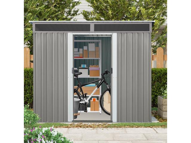 8 ft x 6 ft Outdoor Metal Storage Shed with Window,Transparent plate and lockable sliding door for Garden, Lawn (Gray)