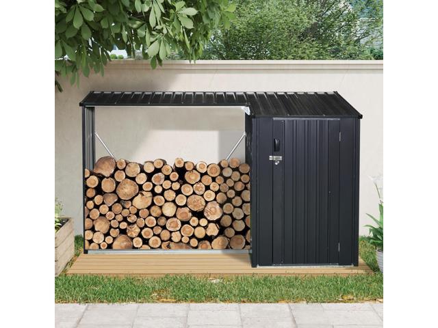 Outdoor Steel Firewood Rack and Metal Storage Shed,Two-In-One,Black (W540P171889) updated version