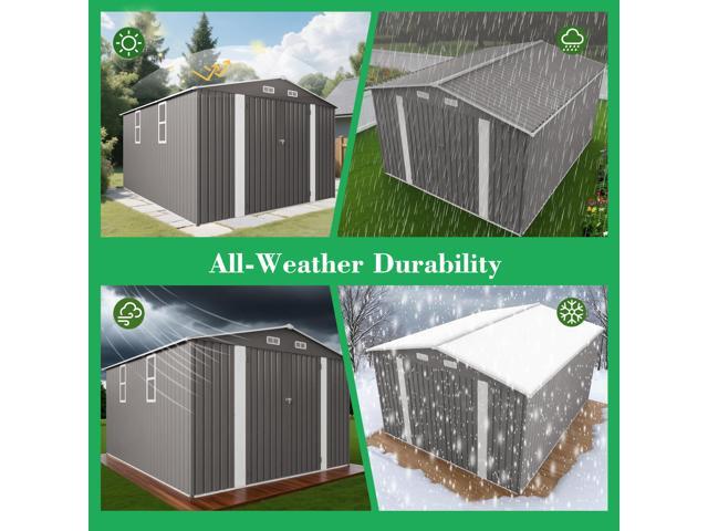 10x12FT Outdoor Storage Shed Large Metal Garden Shed with Double Door Two Window Waterproof Tool Shed for Backyard Patio Lawn Poolside,Grey