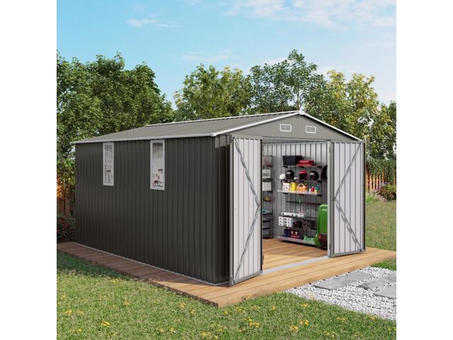 10x12FT Outdoor Storage Shed Large Metal Garden Shed with Double Door Two Window Waterproof Tool Shed for Backyard Patio Lawn Poolside,Grey