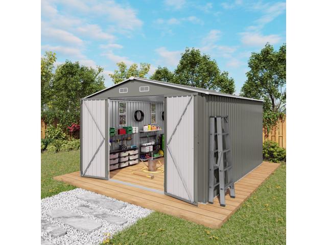 10x12FT Outdoor Storage Shed Large Metal Garden Shed with Double Door Two Window Waterproof Tool Shed for Backyard Patio Lawn Poolside,Grey