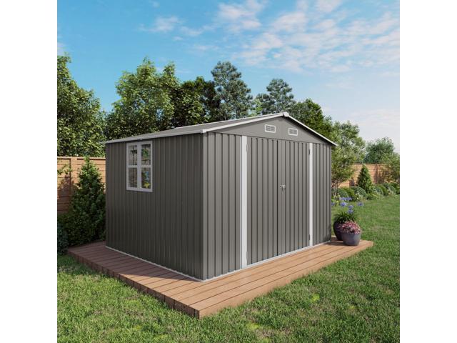10 x 8 FT Outdoor Storage Shed, Large Metal Storage Shed, Lockable Door and Air Vent, Clear Window Garden Tool Shed for Bicycles, Tools,...