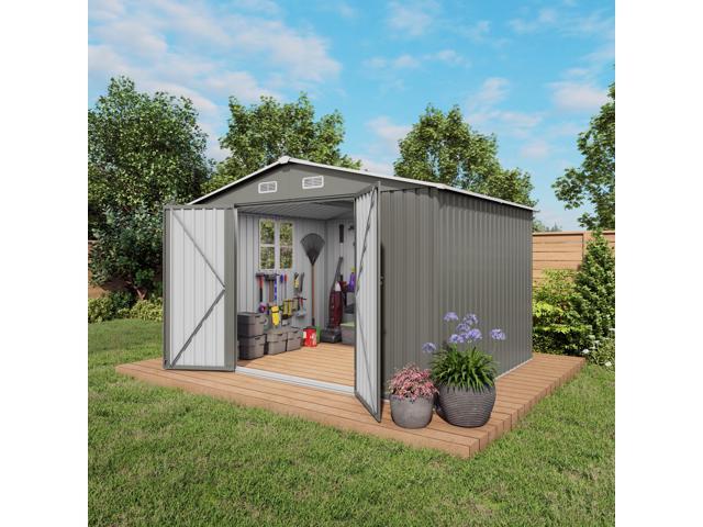 10 x 8 FT Outdoor Storage Shed, Large Metal Storage Shed, Lockable Door and Air Vent, Clear Window Garden Tool Shed for Bicycles, Tools,...