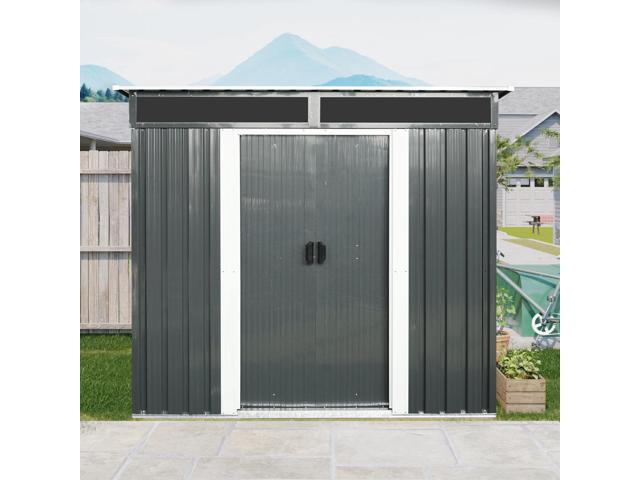 6ft x 5ft Outdoor Metal Storage shed with Lockable Sliding Doors and Transparent plate for Garden, Lawn (Black and White)