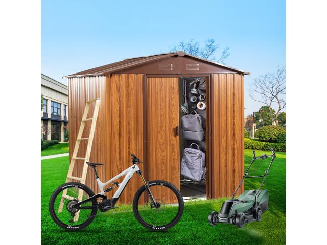 6 Ft. W X 6 Ft. D Metal Storage Shed Appealing horizontal siding in woodgrain with coffee trim to complement