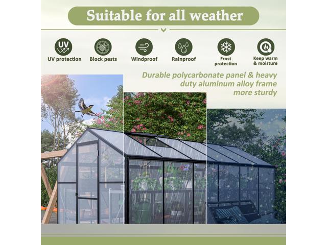 6' x 12' Thicked Polycarbonate Greenhouse, Greenhouse with Double Flush Door, Rain Gutter and Ventilation Window, Green House for Sunroom, Garden,...