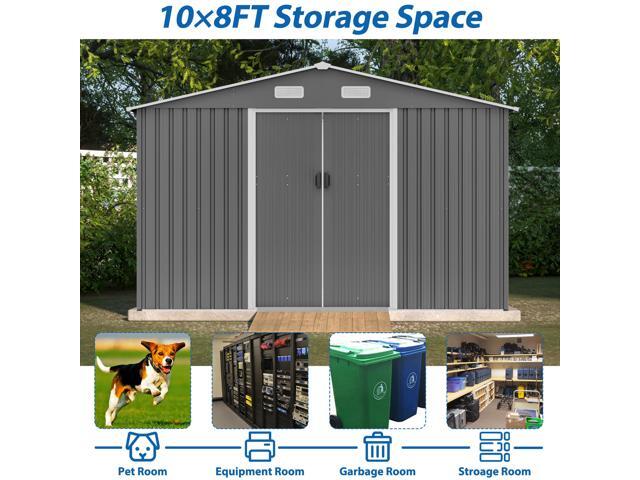 10X8 FT Outdoor Storage Shed, Lockable Doors, Tool Shed for Garden, Patio, Backyard, Lawn, Grey