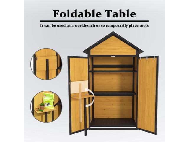 Outdoor Storage Cabinet Weatherproof Wood Storage Shed with Waterproof Roof Lockable Doors Removable Shelves Foldable Table Hooks 69 Inches Garden...
