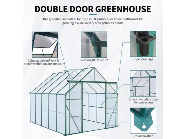 8x10FT Double Door Polycarbonate Greenhouse Raised Base and Anchor Aluminum Heavy Duty Walk-in Greenhouses for Outdoor Backyard in All Season,Green