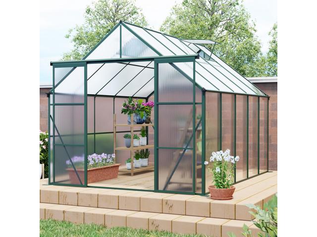 8x10FT Double Door Polycarbonate Greenhouse Raised Base and Anchor Aluminum Heavy Duty Walk-in Greenhouses for Outdoor Backyard in All Season,Green