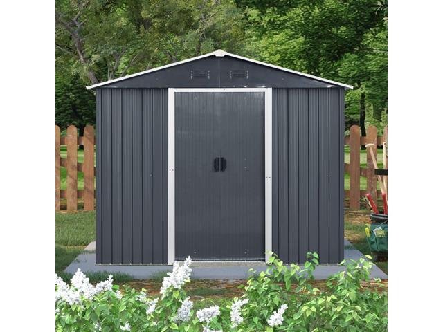 8ft x 4ft Outdoor Metal Storage Shed with Window and Metal Foundation for Backyard, Patio, Lawn (Black and White)