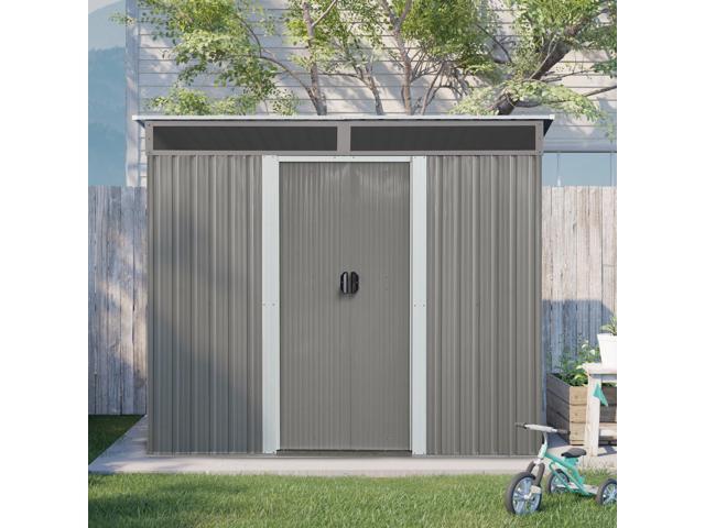 8ft x 6ft Outdoor Metal Storage with Lockable Sliding Doors and Transparent plate for Garden, Lawn (Gray)