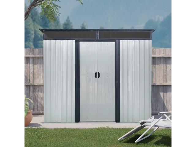 8ft x 6ft Outdoor Metal Storage with Lockable Sliding Doors and Transparent plate for Garden, Lawn (White and Black)