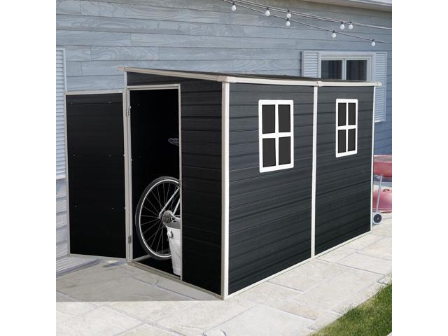 4x8ft Outdoor Storage Shed with Floor Resin shed with Two-Window, Waterproof,Lockable Doors for Patio,Yard,Lawn --Black