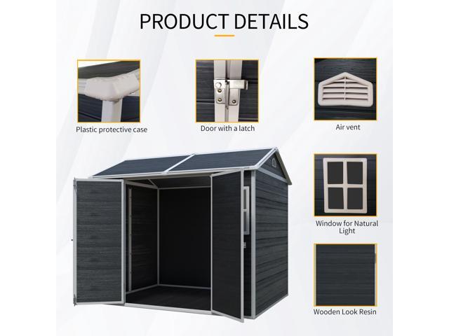 8 x 6ft Resin Outdoor Storage Shed Waterproof Shed with Floor & Two Windows & Lockable Door, Tool Shed for Garden, Patio, Backyard,Black