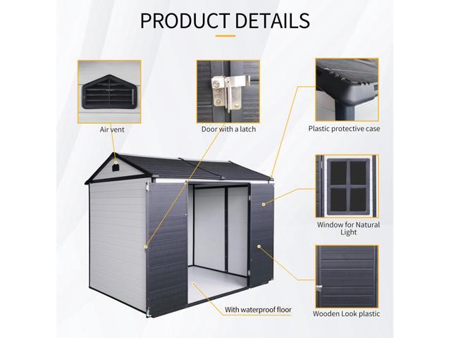 8 x 6 ft Resin Outdoor Storage Shed Waterproof Shed with Floor & Two Windows & Lockable Door, Tool Shed for Garden, Patio, Backyard,Grey White