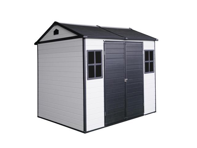 8 x 6 ft Resin Outdoor Storage Shed Waterproof Shed with Floor & Two Windows & Lockable Door, Tool Shed for Garden, Patio, Backyard,Grey White