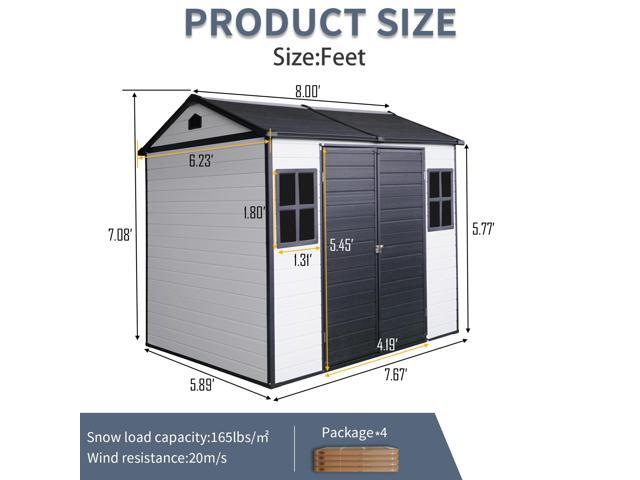 8 x 6 ft Resin Outdoor Storage Shed Waterproof Shed with Floor & Two Windows & Lockable Door, Tool Shed for Garden, Patio, Backyard,Grey White