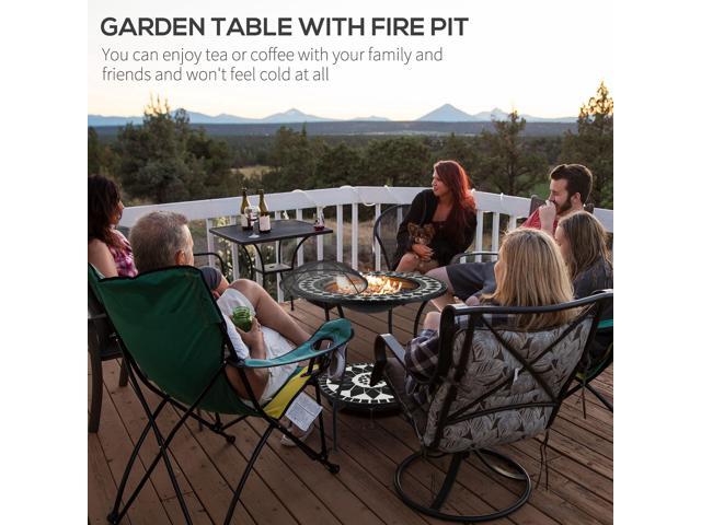 30' Outdoor Fire Pit Dining Table, 3-in-1 Round Wood Burning Fire Pit Bowl, Patio Ice Bucket with Storage Shelf, Spark Screen Cover for BBQ,...