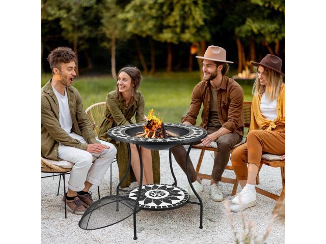 30' Outdoor Fire Pit Dining Table, 3-in-1 Round Wood Burning Fire Pit Bowl, Patio Ice Bucket with Storage Shelf, Spark Screen Cover for BBQ,...
