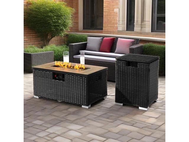 32' Propane Gas Fire Pit Table with Propane Tank Cover 2-Pieces, 50000 BTU Rectangular Steel Fire Pit with Beautiful Wicker Base for Outside...