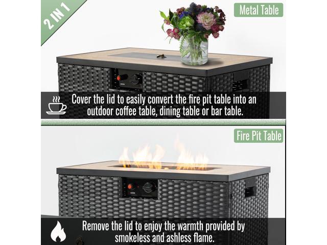 32' Propane Gas Fire Pit Table with Propane Tank Cover 2-Pieces, 50000 BTU Rectangular Steel Fire Pit with Beautiful Wicker Base for Outside...