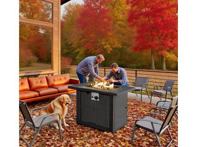Outdoor Propane Gas Fire Pit Table, Auto-Ignition Square Wicker-effect Gas Firepit with Ceramic Tabletop