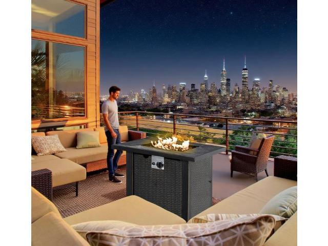 Outdoor Propane Gas Fire Pit Table, Auto-Ignition Square Wicker-effect Gas Firepit with Ceramic Tabletop