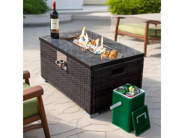 32' Propane Gas Fire Pit Table, 50000 BTU Rectangular Fire Pit, Tile Tabletop with Beautiful Wicker Base for Outside Patio Deck Garden Courtyard-Brown