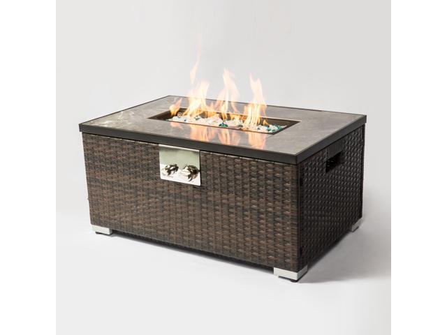 32' Propane Gas Fire Pit Table, 50000 BTU Rectangular Fire Pit, Tile Tabletop with Beautiful Wicker Base for Outside Patio Deck Garden Courtyard-Brown