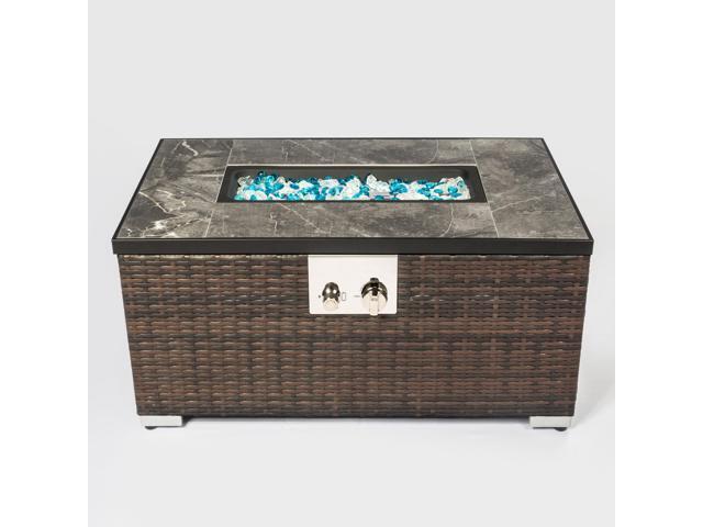 32' Propane Gas Fire Pit Table, 50000 BTU Rectangular Fire Pit, Tile Tabletop with Beautiful Wicker Base for Outside Patio Deck Garden Courtyard-Brown