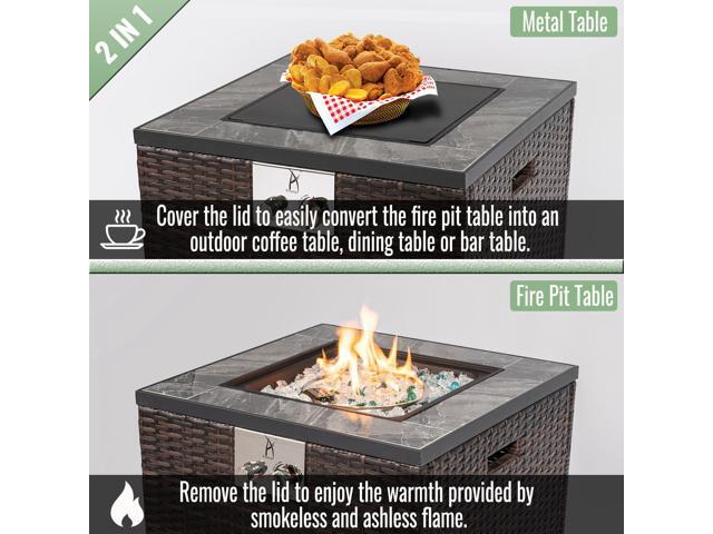 24' Propane Gas Fire Pit Table, 50000 BTU Square Fire Pit, Tile Tabletop with Beautiful Wicker Base for Outside Patio Deck Garden Courtyard-Espresso