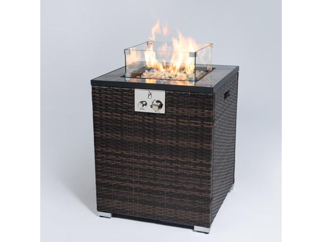 24' Propane Gas Fire Pit Table, 50000 BTU Square Fire Pit, Tile Tabletop with Beautiful Wicker Base for Outside Patio Deck Garden Courtyard-Espresso