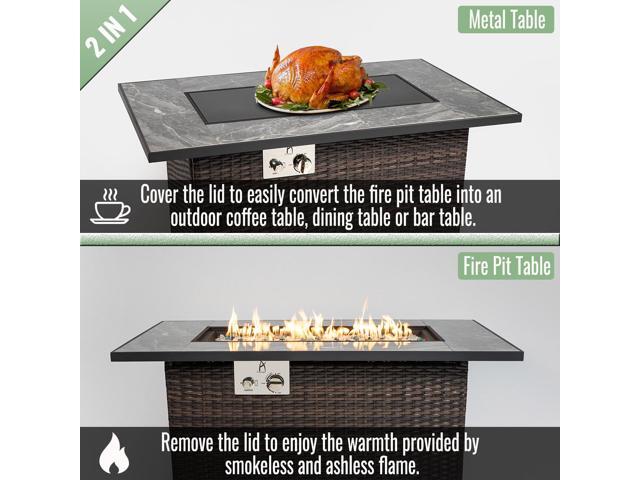 44' Propane Gas Fire Pit Table, 50000 BTU Rectangular Fire Pit, Tile Tabletop with Beautiful Wicker Base for Outside Patio Deck Garden Courtyard-Brown