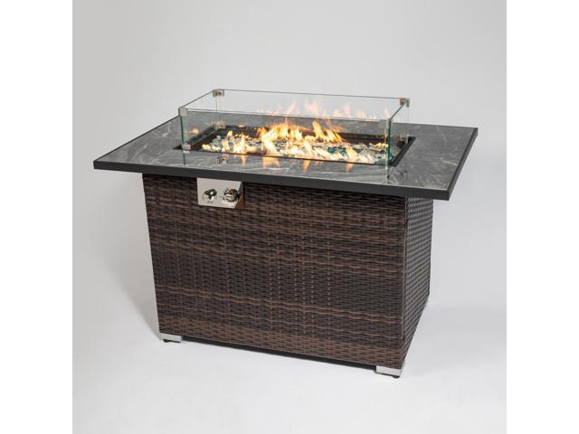 44' Propane Gas Fire Pit Table, 50000 BTU Rectangular Fire Pit, Tile Tabletop with Beautiful Wicker Base for Outside Patio Deck Garden Courtyard-Brown